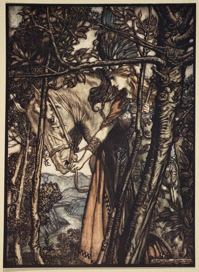 Brunnhilde führt langsam und schweigend ihr Pferd den Pfad zur Höhle hinunter, Illustration aus 